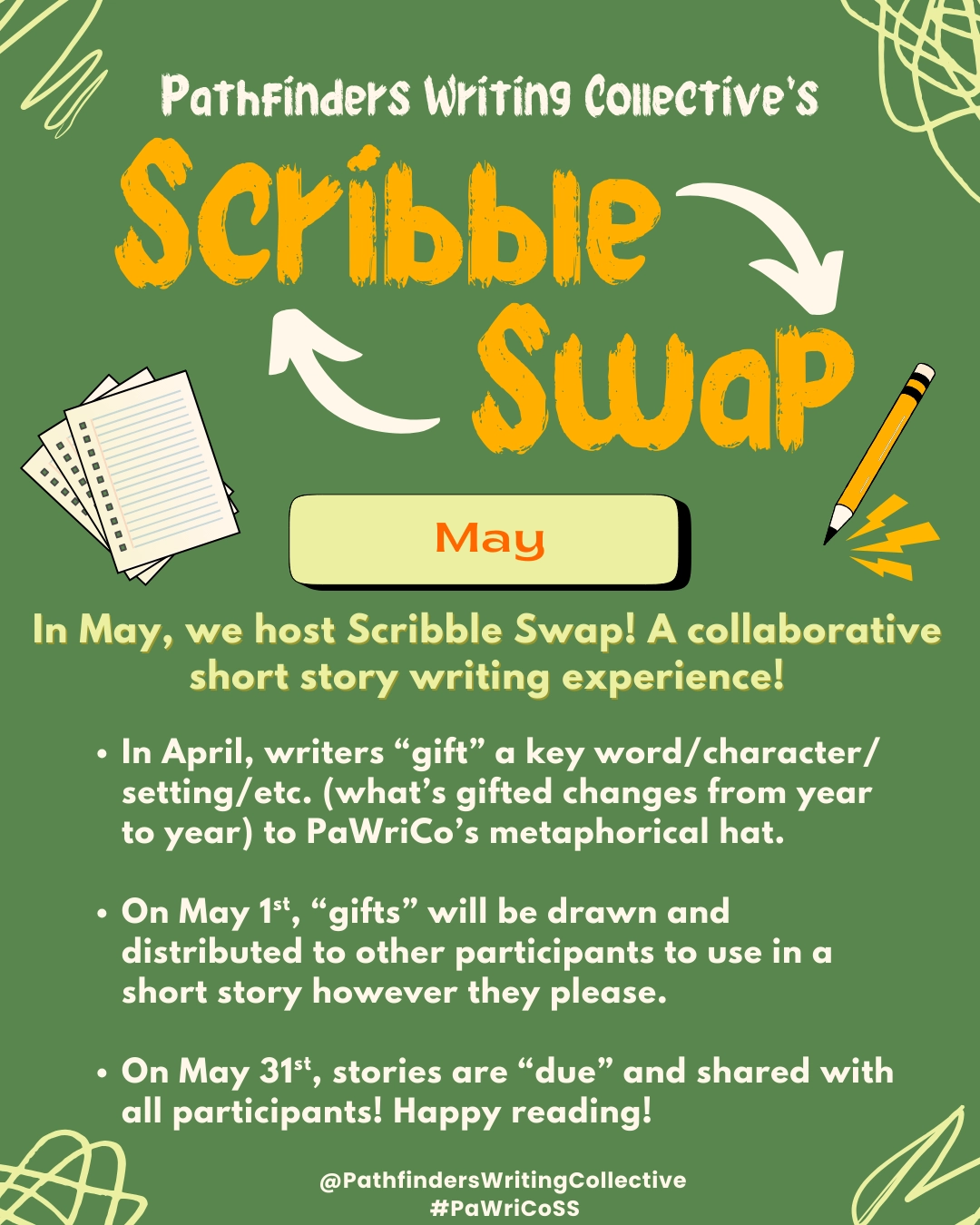 Scribble Swap: In May, we host Scribble Swap! A collaborative short story writing experience!